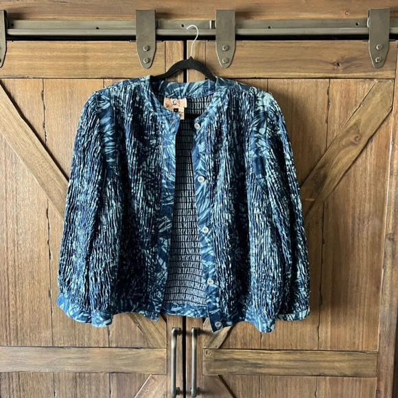 Gene Ewing Bis Vintage Boho Smocked Wrinkled Rich Denim Jacket Size Large - Picture 2 of 8